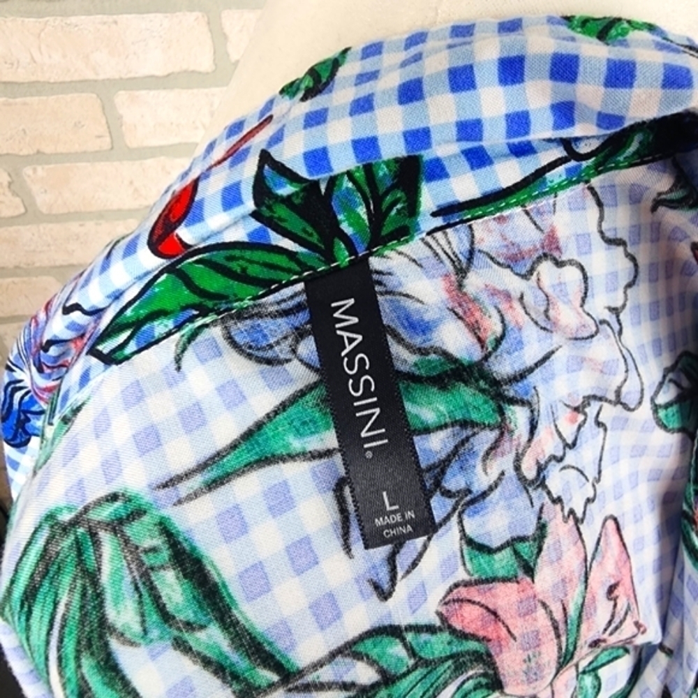 MASSINI Floral Button Up Long Sleeve Gingham Style Blouse Size L - Picture 6 of 9